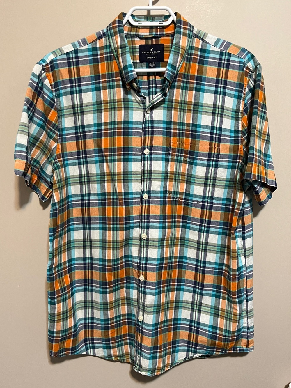 American Eagle Outfitters Plaid Short-Sleeve Button-Down Shirt, size L